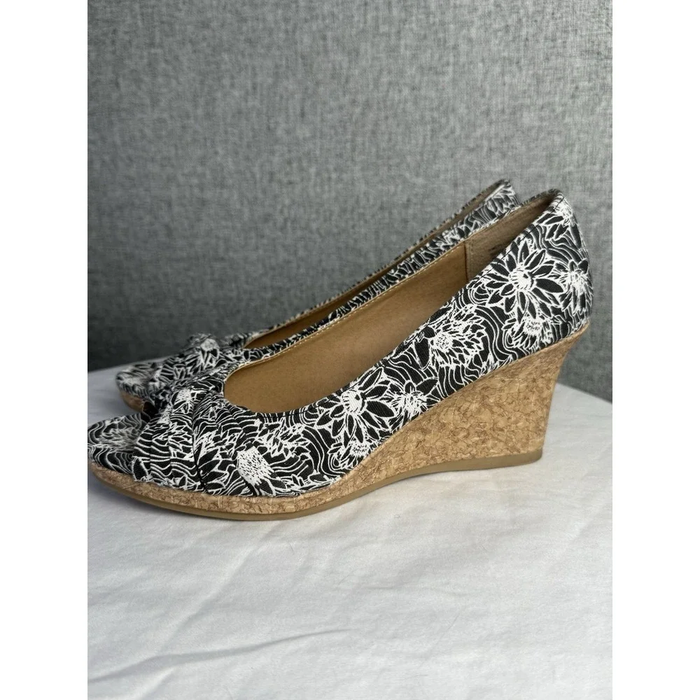 Dexflex Comfort Womens Black White Floral Canvas Peep Toe Cork‎ Wedges Size 7.5